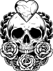 Fototapeta premium SVG featuring a skull adorned with cannabis leaves in a Halloween theme. Skull and Roses with Heart Vintage Tattoo Style Graphic Design