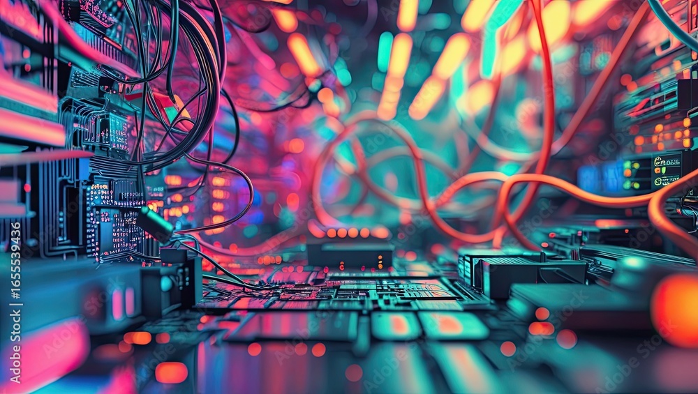 Poster close-up view of intricate computer circuitry and vibrant cables.