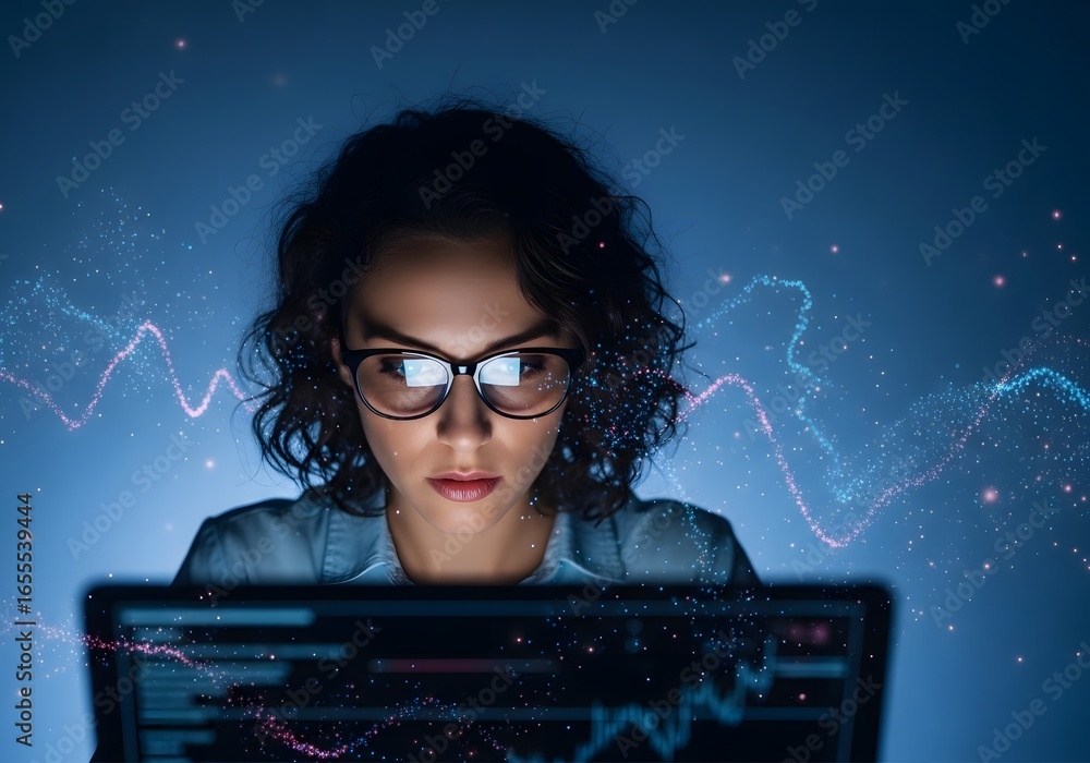 Poster focused woman wearing glasses working late on a computer with digital data visualizations