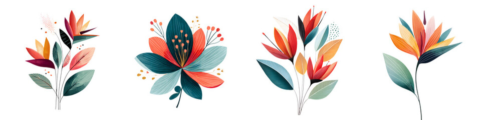 Abstract Floral Set: Colorful Flowers and Leaves