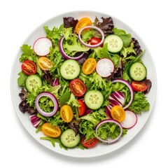 Fresh garden salad with mixed greens and vegetables isolated on white background