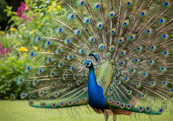 Obraz premium Majestic Peacock Displaying Vibrant Plumage in a Lush Garden