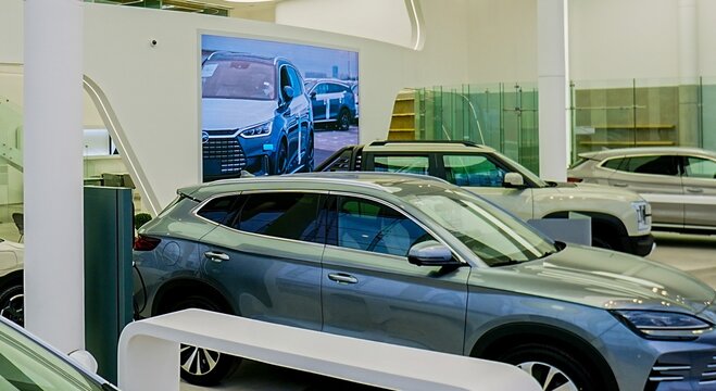 Concesionario de autos modernos en exhibici&oacute;n interior