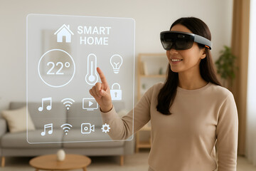 Young Woman Interacting with Smart-Home Augmented Reality in Living Room