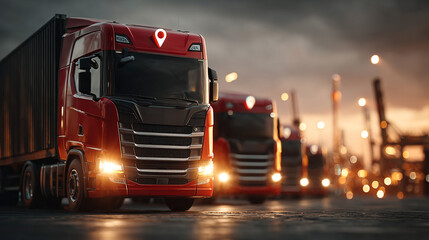 Fototapeta premium Modern freight trucks with glowing location markers in industrial port at golden hour.