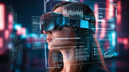 Young woman in VR headset interacting with futuristic holographic interface and data visualizations in a digital augmented reality world. - Powered by Adobe
