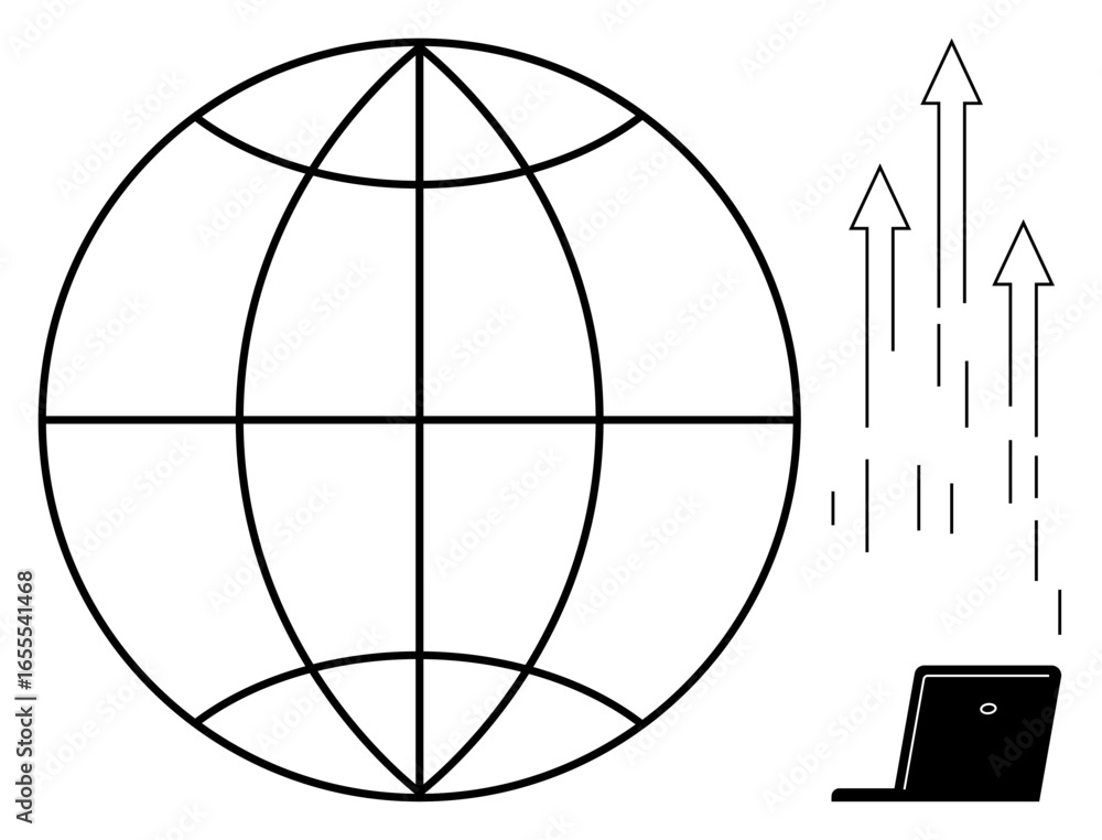 Poster globe with latitude and longitude lines beside a laptop emitting upward arrows representing technolo