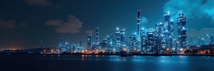 Industrial cityscape at night illuminated by glowing blue lights.