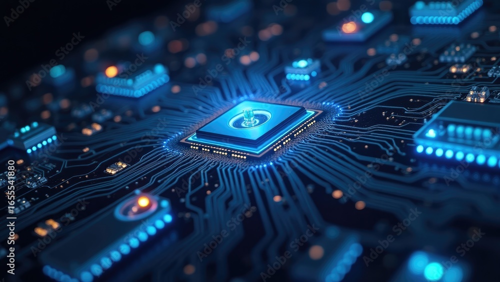 Poster close-up view of a complex circuit board with a central processor chip.