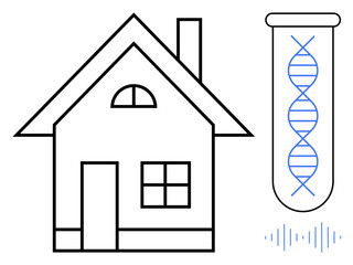 House outline next to a test tube with a DNA double helix and soundwaves. Ideal for biotechnology, health, home testing, science innovation, personalized medicine, genetics, simple flat metaphor