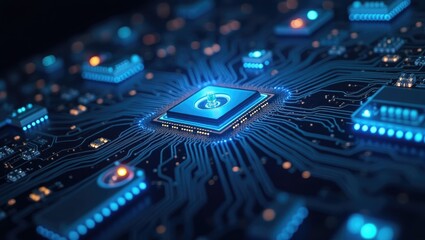 Close-up view of a complex circuit board with a central processor chip.