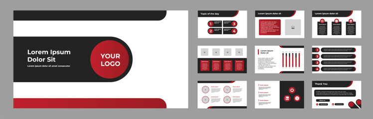 Modern Business Presentation Slide Templates with dark and red color. Editable Corporate Layout with Infographics, Charts, and Minimal Design for Professional Reports