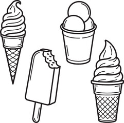 Black and White Line Art Illustrations of Ice Cream Treats cone waffle cone