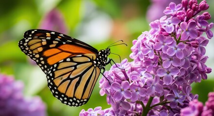 Monarch Butterfly on Lilac Flower in Spring Garden