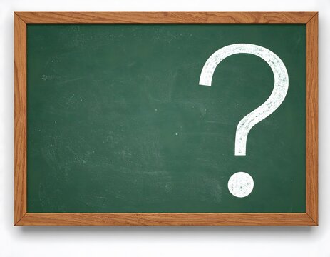 Large white question mark drawn in chalk on a blank green chalkboard with a wooden frame, symbolizing questions, problems, and the search for answers.