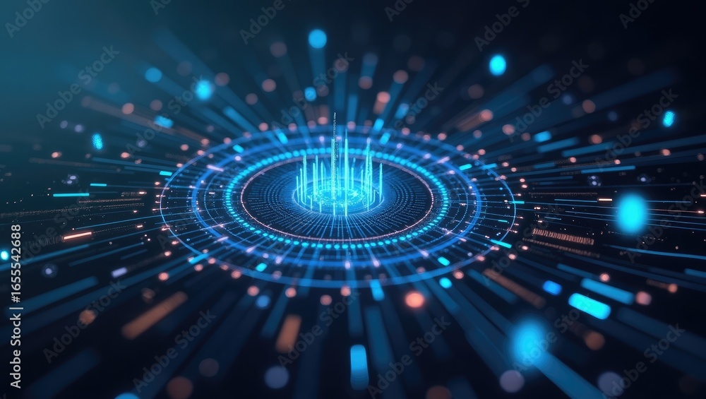 Poster abstract digital graphic design with concentric circles and radiating lines.
