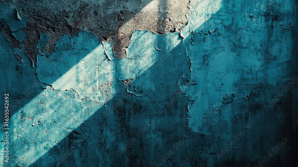Sticker a darkly background wall painted in light blue, with lots of deep shadows creating a moody atmospher