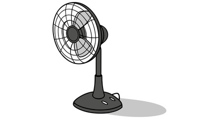 A gray oscillating fan with a round base and a wire cage around the blades on a white background