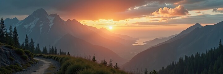Obraz premium Mountain vista at sunset with a winding path.
