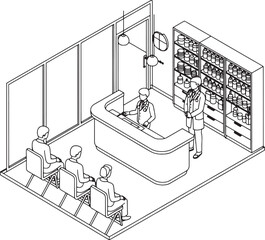 Doctor's Office Reception Waiting Area Line Drawing Keywords: doctor, office, medical, healthcare, physician