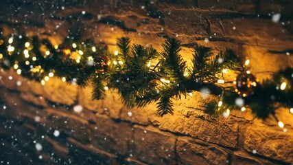 A garland of evergreen boughs, warm-toned lights, and shiny ornaments rests on a textured stone wall, softly falling snow adding to the cozy, festive ambiance - Powered by Adobe