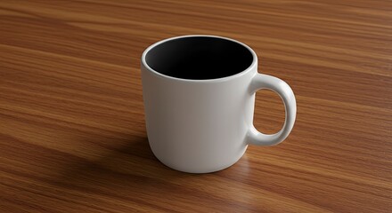 Minimalist White Mug with Black Interior on Wood Grain Surface, Studio Shot