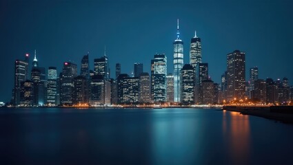 Fototapeta premium Metropolis skyline at night, reflecting in the water.