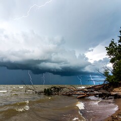 Dramatic storm over a lake shore