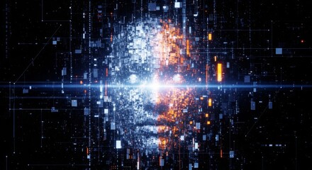 Obraz premium Digital formed from glowing data blocks on black background