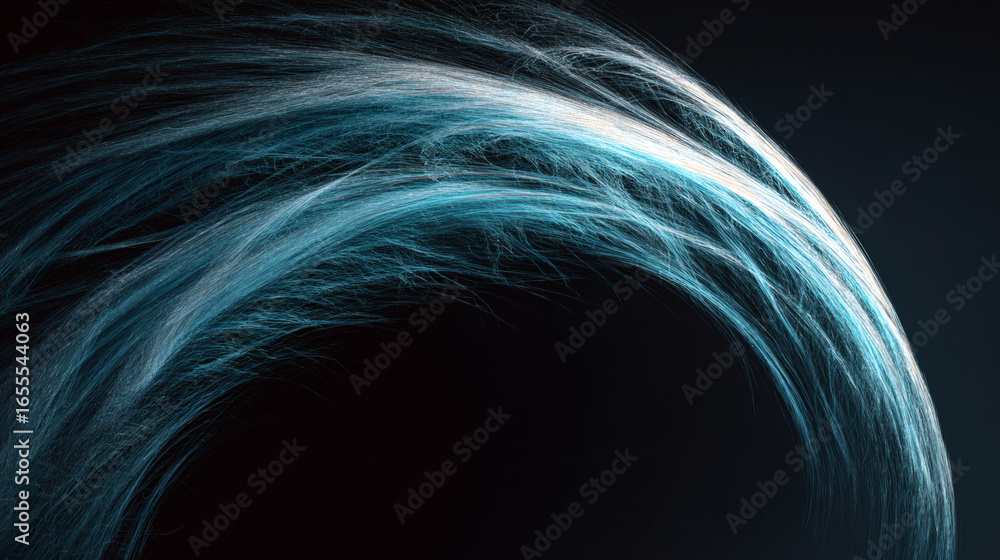 Poster thin arc of pale aqua light gracefully curves against charcoal background, creating dynamic and ethe