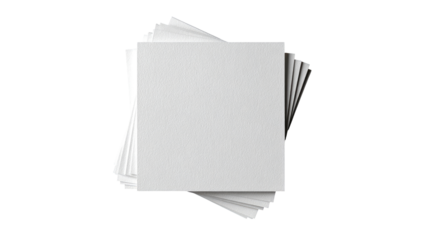 Stack of blank, square canvases.  Several white, textured canvas panels are layered, angled slightly, against a black background.  A top-down view showcases the smooth, unpainted surfaces