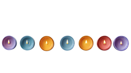 Colorful lit tea lights, isolated on transparent background