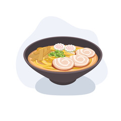 asian cuisine miso ramen with pork chashu narutomaki and green onion in bowl