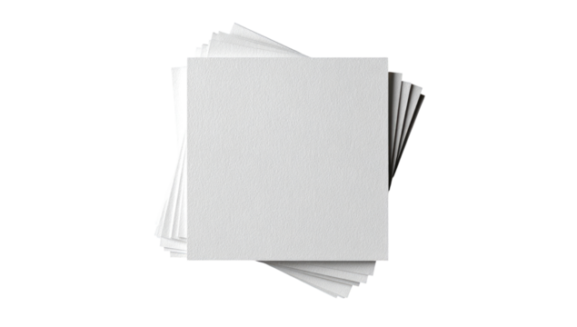Stack of blank, square canvases.  Several white, textured canvas panels are layered, angled slightly, against a black background.  A top-down view showcases the smooth, unpainted surfaces