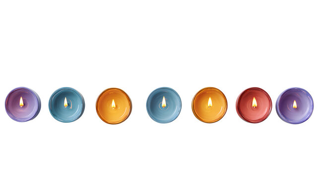 Colorful lit tea lights, isolated on transparent background