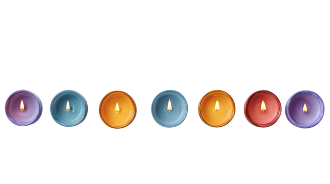 Colorful lit tea lights, isolated on transparent background
