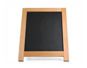 Wooden A-frame chalkboard sign with a blank black surface for messages, specials, or menus, studio shot isolated on a pure white background.