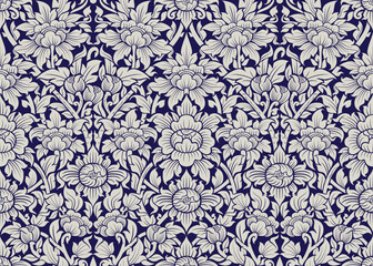 Traditional Thai art seamless floral pattern in damask style motifs suitable for wallpaper, cloth, textile, tile and fabric design isolated illustration vector archive EPS file.