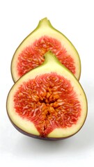 Two halves of a ripe fig, showing its inner texture and seeds, against a white background