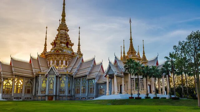 Timelapse of Wat Non Kum or Wat Luang Pho To in Sikhio District, Nakhon Ratchasima, Korat, Thailand is a symbolic place of temples in Thailand. At sunset