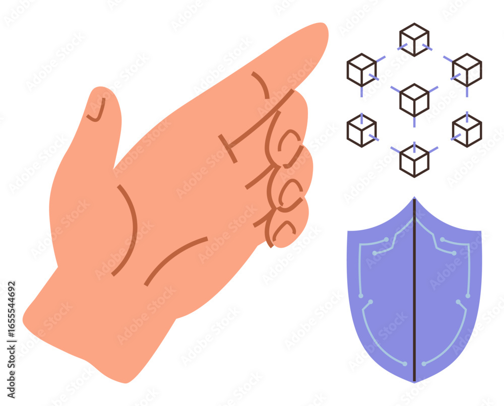 Poster hand pointing to blockchain-thumbs up cubes and a shield emblem. ideal for data protection, cybersec