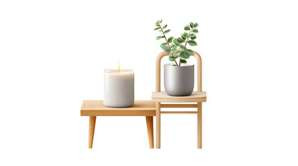 Minimalist candle and plant display, isolated on transparent background