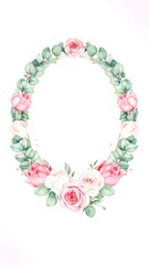 Obraz premium Oval floral frame with pink and white roses and eucalyptus leaves