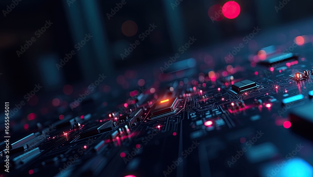Poster close-up view of intricate circuit board components.