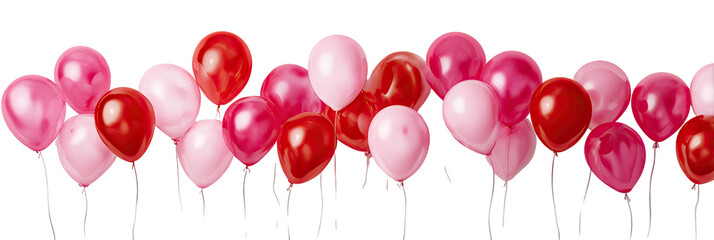 Many red and pink balloons arranged horizontally against a black background