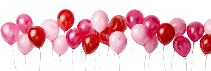 Many red and pink balloons arranged horizontally against a black background