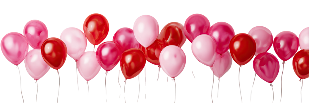 Many red and pink balloons arranged horizontally against a black background