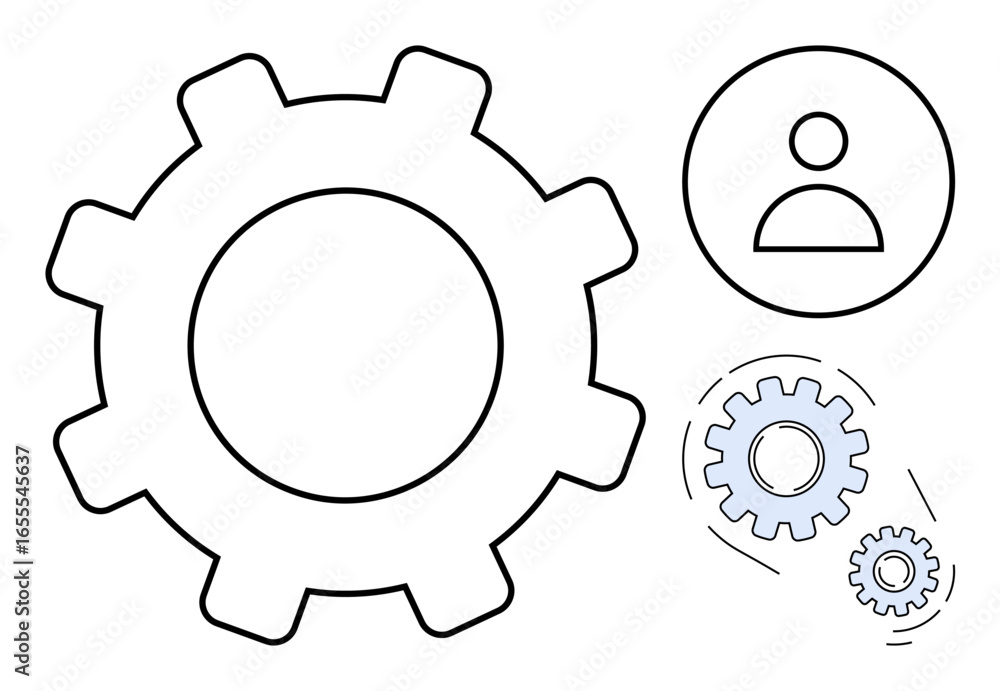 Aufkleber large gear, smaller gears, and user icon representing teamwork, process, system, and user integratio