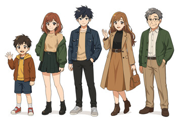 Fototapeta premium Anime Family Characters in Stylish Outfits Across Different Generations