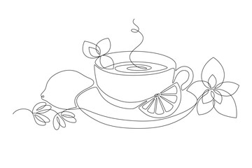 Mint herbal tea cup with mint leaves and lemon, drawn in continuous line in minimalist style, abstract, hot invigorating drink, one line, editable vector contour